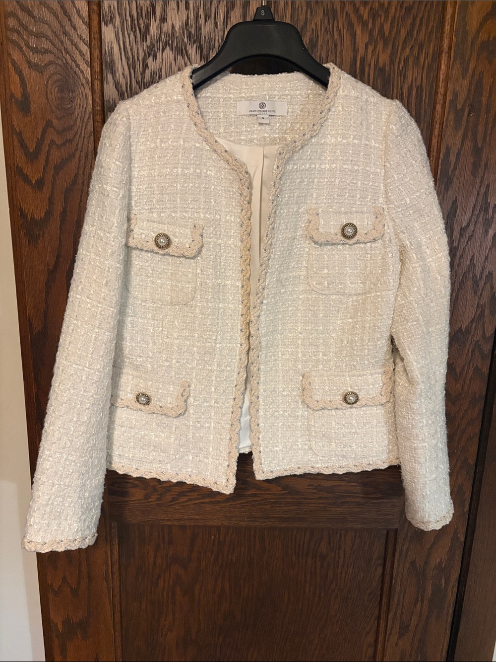 Jean-Pierre Klifa Ivory Tweed Collarless Blazer; size small; lined